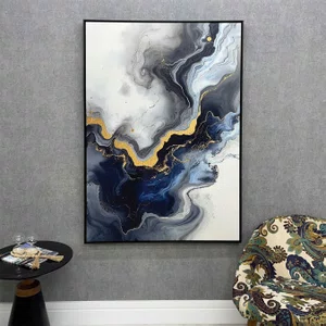 Quadro Abstrato Mármore Azul Dourado Fluido Arte Decorativa Elegante Moderna