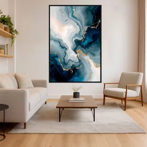 Quadro Abstrato Mármore Azul e Dourado Veias Fluidas Arte Decorativa de Luxo