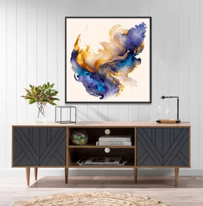 Quadro Abstrato Moderno Energia Azul com Dourado e Lilás com Moldura e Vidro Quadro Abstrato Moderno Energia Azul com Dourado e Lilás com Moldura e Vidro