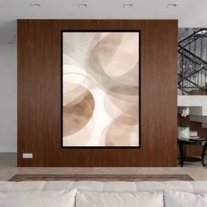 Quadro Abstrato Neutro Formas Circulares e Linhas Douradas em Tons Terrosos