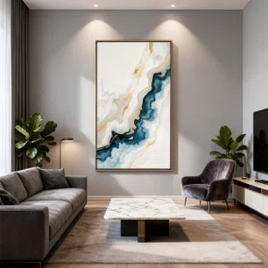 Quadro Arte Abstrata em Azul Profundo com Ouro Metálico Luxuoso e Sofisticado