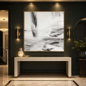 Quadro Canvas Abstrato Moderno Preto e Branco com Moldura Natural 120x120 cm