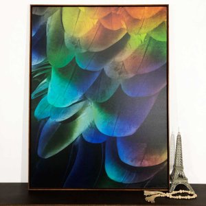 Quadro Canvas Arte Abstrata Penas de Arara: Sofisticação com Moldura Marrom Quadro Canvas Arte Abstrata Penas de Arara: Sofisticação com Moldura Marrom