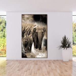 Quadro Canvas com Moldura Tela Imagem de Elefantes 120x210cm Quadro Canvas com Moldura Tela Imagem de Elefantes 120x210cm