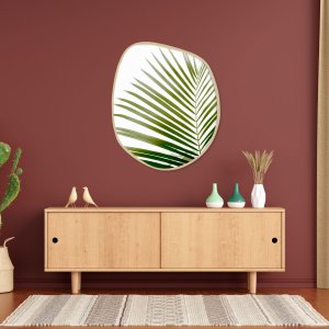 Quadro com Formato Orgânico e Estampa de Folhas de Palmeira Tropical Moldura de Madeira Marupá Quadro com Formato Orgânico e Estampa de Folhas de Palmeira Tropical Moldura de Madeira Marupá