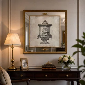 Quadro com Moldura Dourada e Espelho Imagem Ânfora Vaso Antigo 120x120 cm
