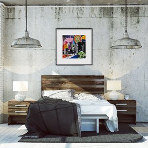 Quadro com Moldura Preta Pintura Cidade Colorida 80x80cm