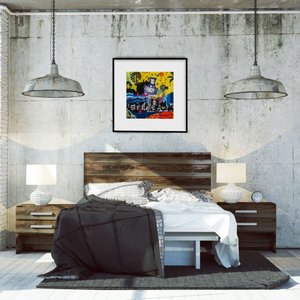 Quadro com Moldura Preta Pintura Paisagem Cidade Colorida 80x80cm