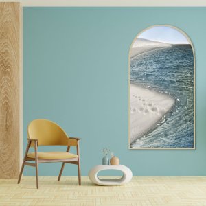 Quadro Lençois Maranhenses Formato Janela com Moldura Marupá Natural Quadro Lençois Maranhenses Formato Janela com Moldura Marupá Natural