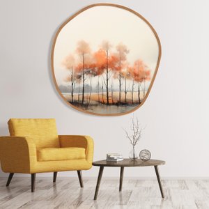 Quadro de Árvore e Lago em Tons Laranja em Formato Orgânico com Moldura Freijó | Aurora Viva Quadro de Árvore e Lago em Tons Laranja em Formato Orgânico com Moldura Freijó | Aurora Viva