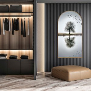 Quadro de  Árvore Preto e Branco Formato Janela com Moldura em Madeira Freijó Quadro de  Árvore Preto e Branco Formato Janela com Moldura em Madeira Freijó