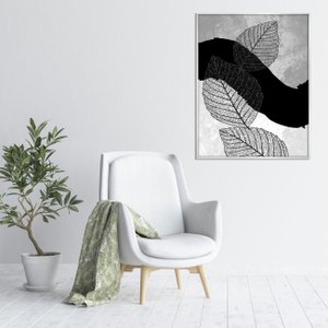 Quadro de Folhas e Arte Abstrata em Preto e Branco 70x90 cm