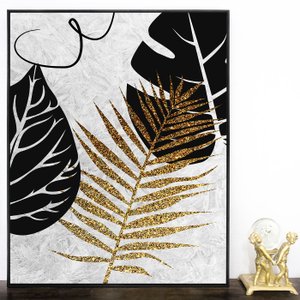 Quadro de Folhas em Tela Canvas com Moldura Preta 70x90 cm