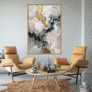 Quadro Decorativo Abstrato Tons Bege Azul e Dourado Arte Marmorizada Moderna