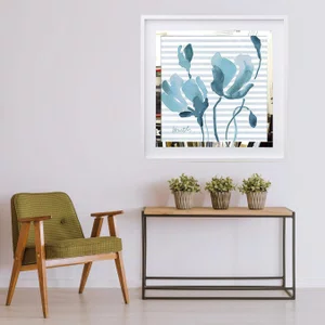 Quadro Decorativo com Espelho Flores Azuis em Fundo Listrado 50x50 cm