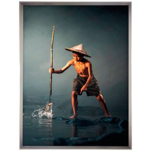 Quadro Grande Decorativo com Moldura Prata Paisagem Pescador Vietnamita Quadro Grande Decorativo com Moldura Prata Paisagem Pescador Vietnamita