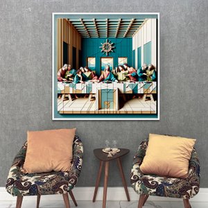 Quadro Decorativo com Moldura Branca Arte Geométrica Moderna da Santa Ceia Quadro Decorativo com Moldura Branca Arte Geométrica Moderna da Santa Ceia