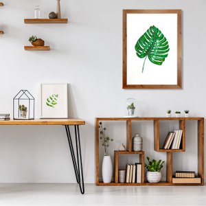 Quadro Decorativo com Moldura Rústica Folha Verde Minimalista 80x110cm