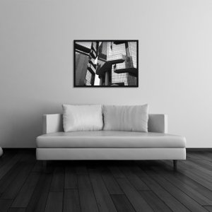 Quadro Decorativo em Preto e Branco Edifício Moderno com Vidros Espelhados em Hong Kong 70x50cm