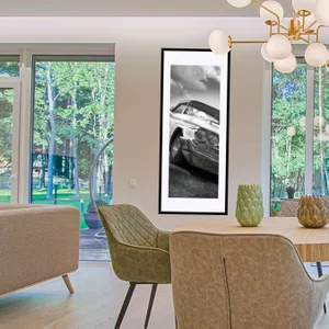 Quadro Decorativo em Preto e Branco Frente Carro Antigo com Grade Cromada 50x120cm