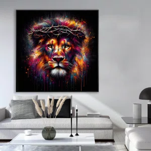 Quadro Decorativo em Tela Canvas Leão Colorido com Coroa de Espinho 120X120 CM