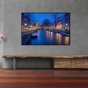 Quadro Decorativo Famoso Canal de Amsterdam Durante à Noite 150x100cm
