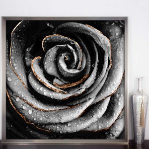 Quadro Decorativo Flor em Preto e Branco com Moldura Prata 95x95 cm