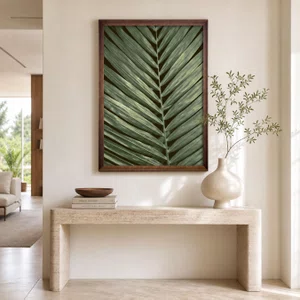 Quadro Decorativo Folha de Palmeira com Moldura Chanfrada Amadeirada 95x145 cm