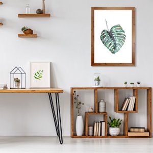 Quadro Decorativo Folha Verde Minimalista com Moldura Rústica 80x110cm