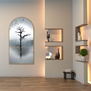 Quadro Decorativo Formato Janela com Moldura em Madeira Freijó de Galhos Secos  Preto e Branco Quadro Decorativo Formato Janela com Moldura em Madeira Freijó de Galhos Secos  Preto e Branco