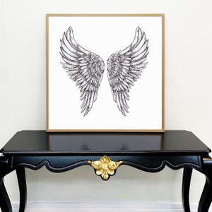Quadro Decorativo Ilustração Asas de Anjo em Preto e Branco com Moldura Natural 90x90 cm Quadro Decorativo Ilustração Asas de Anjo em Preto e Branco com Moldura Natural 90x90 cm