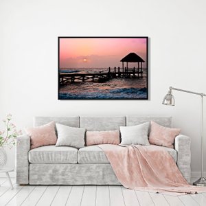 Quadro Decorativo Paisagem Pôr do Sol em Praia com Pier 120x80cm