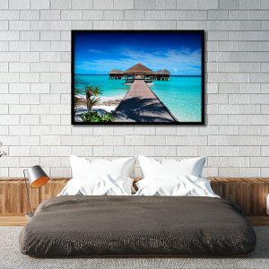 Quadro Decorativo Paisagem Praia Cabanas Sobre o Mar 100x70cm