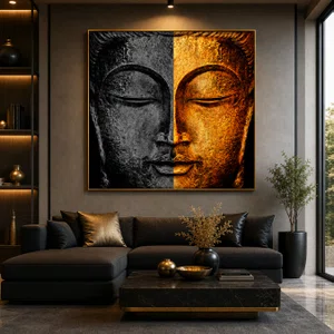 Quadro Decorativo Rosto de Buda Preto com Dourado Meditação Premium 120x120 cm