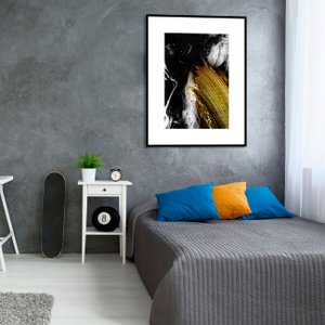 Quadro Desenho Abstrato Decór Preto Branco e Dourado 90x120cm