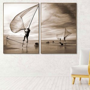 Quadro Díptico Decorativo Paisagem Mar Pescaria 140x100 cm Quadro Díptico Decorativo Paisagem Mar Pescaria 140x100 cm