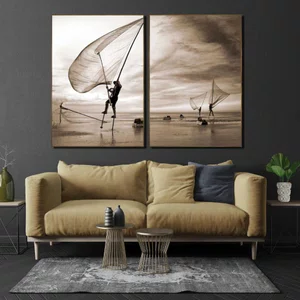 Quadro Díptico Decorativo Paisagem Mar Pescaria 140x100 cm