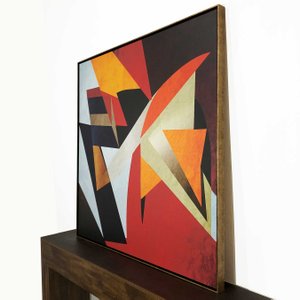 Quadro em Canvas Abstrato: Formas Geométricas Coloridas com Moldura Dourada Quadro em Canvas Abstrato: Formas Geométricas Coloridas com Moldura Dourada