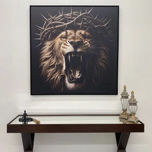 Quadro em Tela Canvas Leão com Coroa de Espinhos: Arte Impactante 120x120 CM