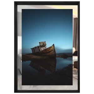 Quadro em Tela Com Espelho e Moldura Preta Barco Abandonado Quadro em Tela Com Espelho e Moldura Preta Barco Abandonado