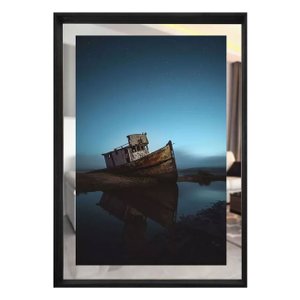 Quadro em Tela Paisagem Barco Com Espelho e Moldura Preta 80x110cm