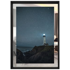 Quadro em Tela Paisagem Farol Com Espelho e Moldura Preta