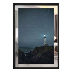 Quadro em Tela Paisagem Farol Com Espelho e Moldura Preta 80x110cm