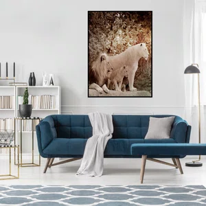 Quadro Leão Macho Leoa Branca 2 Filhotes Savana Africana com Moldura e Vidro