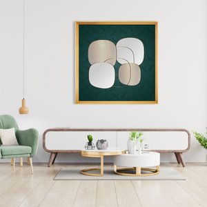 Quadro Moderno com Fundo Verde Abstrato e Moldura Dourada 95x95 cm