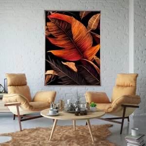 Quadro Moderno Folhas em Tons Quentes com Moldura Prata Chanfrada 95x145 cm