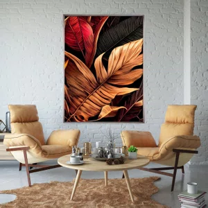 Quadro Moderno Folhas em Tons Quentes II com Moldura Prata Chanfrada 95x145 cm