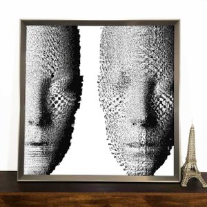 Quadro Moderno Rostos Abstratos em Preto e Branco com Moldura Prata Quadro Moderno Rostos Abstratos em Preto e Branco com Moldura Prata