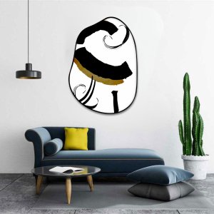 Quadro Orgânico Abstrato Preto e Branco com Detalhe Dourado Moldura Preta
