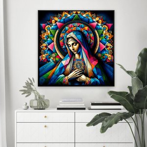 Quadro Religioso em Canvas com Moldura Preta Arte Moderna Virgem Maria Quadro Religioso em Canvas com Moldura Preta Arte Moderna Virgem Maria